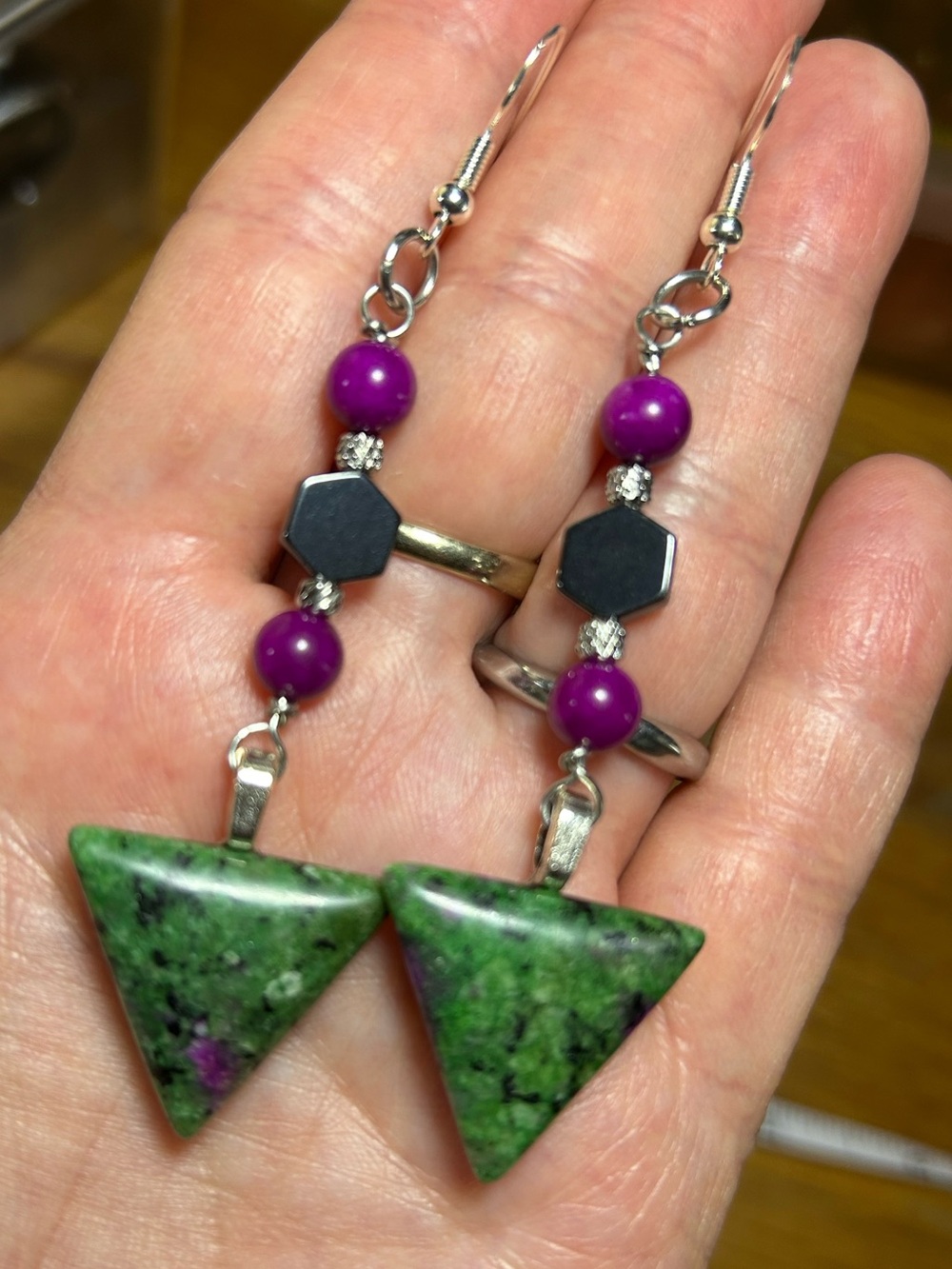3/$25 Ruby Zoisite Triangle Stone Drop Earrings